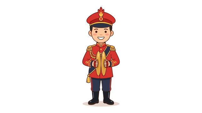 A Cheerful Young Drum Major Character Standing and Holding Cymbals for Marching Band Musical Performance Illustration