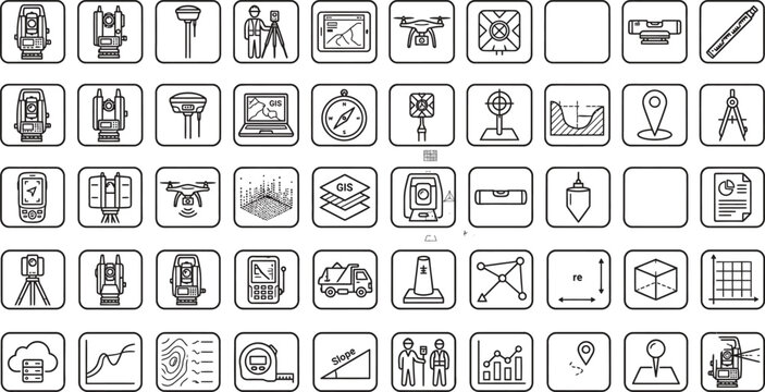 88Surveying Line Editable Icons set. Vector illustration in modern thin line style of land survey equipment and engineering icons: total station, theodolite, GPS, drone, topographic map 