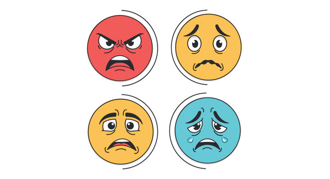 Set of four colorful emoji faces representing different negative human emotions including anger worry sadness and fatigue.