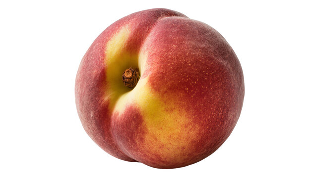 Ripe fuzzy peach with red and yellow skin and stem indent