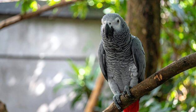 African Grey Parrot Perched on a Branch in a Lush Green Environment.