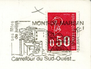 Timbre République Française,Postes,0,50, et le tampon Mont-de-Marsan,carrefour du Sud-Ouest,ses fêtes de juillet.