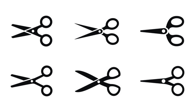 Scissor silhouettes, black scissors in multiple styles for graphic design, sewing, crafting, office supplies, and cutting concepts.