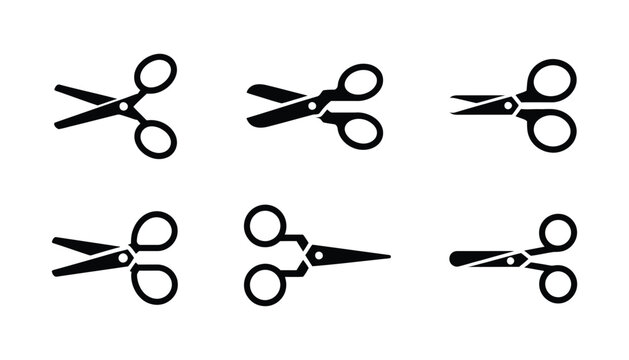 Scissor silhouettes, black scissors in multiple styles for graphic design, sewing, crafting, office supplies, and cutting concepts.