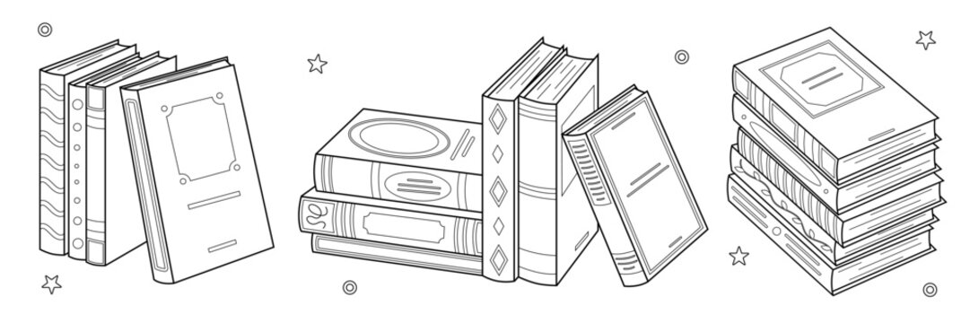 Doodle stack of books collection in outline style. Hand drawn pile of books set. Education, reading, learning concept. Black and white line art vector illustration isolated on white background.