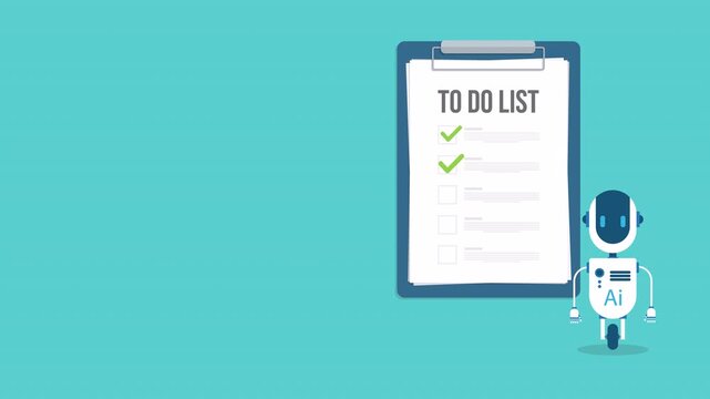 Robot with artificial intelligence and to do list. Successful execution of business tasks at the office.