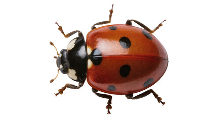 Red ladybug with black spots and white markings on head © Emma