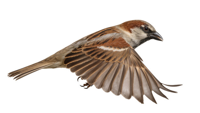 Sparrow bird in flight wings spread, detailed feathers