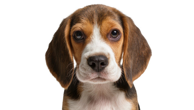 Beagle puppy face close-up tri-color fur, floppy ears