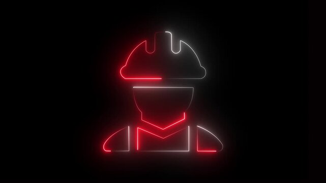 Neon white  and red color construction workers icon on black background. Glowing neon Engineer and helmet icon.