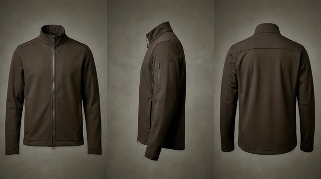 Three views of a brown mens softshell jacket