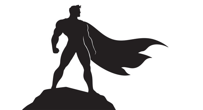 Minimal black superhero silhouette standing heroically, white background, dramatic modern vector design, high contrast monochrome composition
