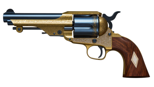 Ornate Gold Engraved Revolver with Wooden Handle