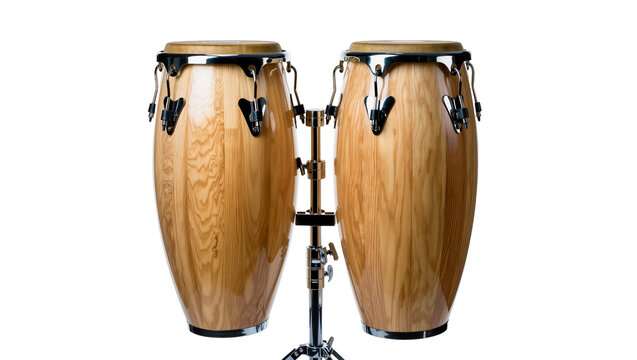 Two wooden conga drums on a stand