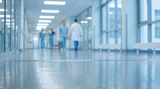 Blurred hospital corridor with medical staff walking in cool blue light, healthcare background for clinic and emergency service concepts.