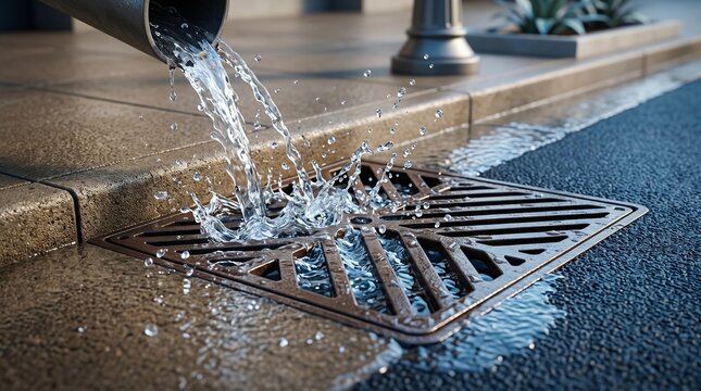 Clear water rushing from a downspout into a metal storm drain grate on a city sidewalk during a bright sunny day