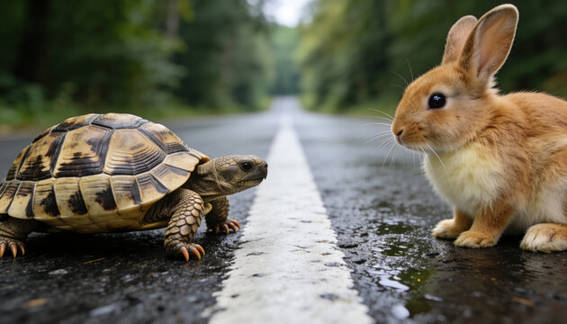 Tortoise and rabbit facing each other on wet forest road, speed versus patience, competition and classic fable concept.