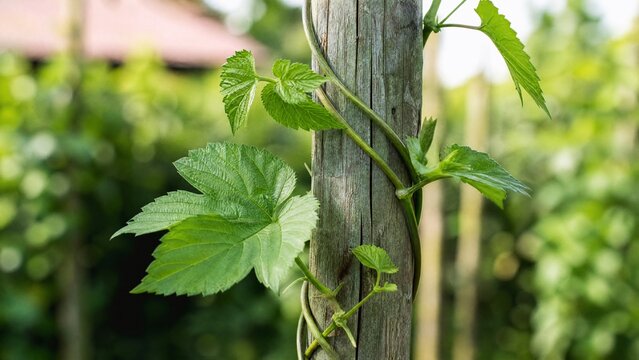 bine. Hops vine with soft stems twining around a weathered wooden stake, green leaves, morning light. gardening catalogs, home-decor guides, designed for home decor and floral branding.