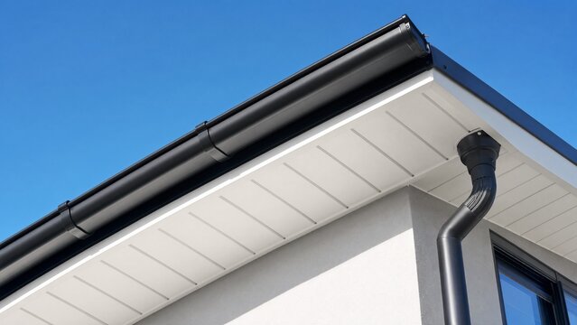 soffit. Clean white soffit board under eaves contrasting with dark rain gutter. real-estate listings, architecture portfolios, designed for real-estate listing and luxury residence showcases.