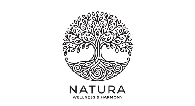 Minimal tree of life formed with circular root patterns and leaf geometry, premium black and white vector artwork, isolated clean white canvas, wellness nature logo concept, elegant outline style,