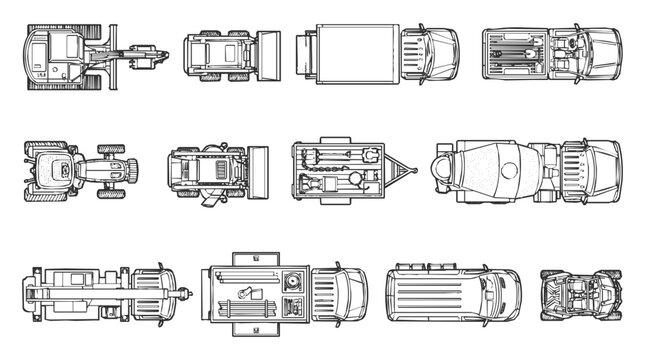 Top view collection of heavy machinery and construction vehicles featuring transport fleet equipment icons for site planning and logistics
