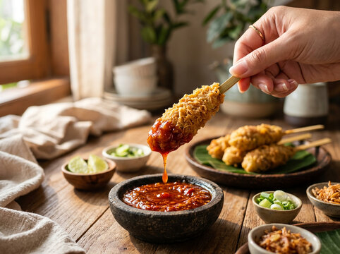 Hand Dipping Crispy Fried Snack Skewer into Spicy Sambal Sauce