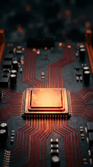 Fototapeta premium Close-up of a computer processor and circuit board with glowing red lines, representing technology, data, and complex systems.