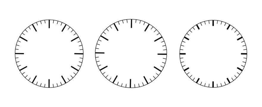 Vector illustration round meter scale, circular measuring gauge design, flat style dial indicator, clock face layout template, vintage analog watch dial, blank round control panel isolated on transpar