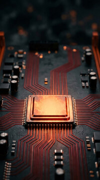 Close-up of a computer processor and circuit board with glowing red lines, representing technology, data, and complex systems.
