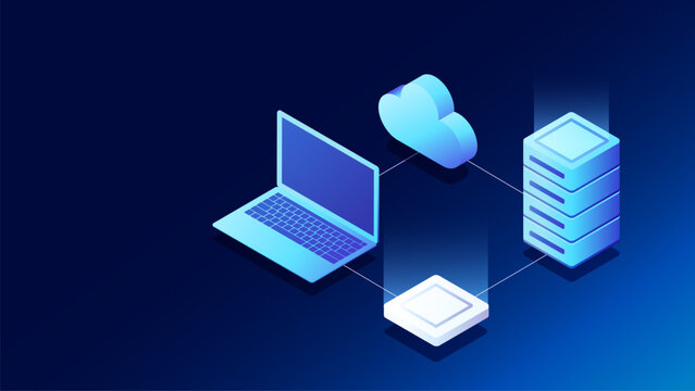 AI Data center laptop Isometric connected to cloud computing and datacenter server rack. Futuristic big data storage network background with copy space vector illustration for AGI deep learning tech.