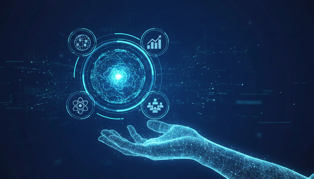 Digital hand holding a glowing sphere with icons of globe, atom, people, and chart, symbolizing technology, data, and global connectivity