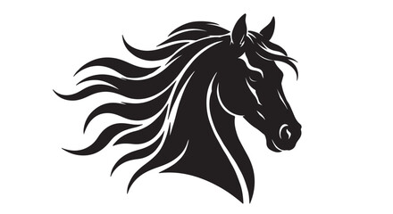 Sophisticated black horse head silhouette with flowing mane ribbons, white background, luxury wildlife vector illustration, bold monochrome design © MdSamir