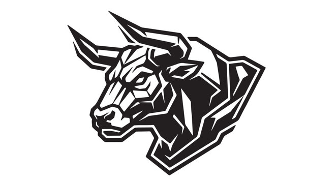 Strong bull head silhouette with geometric armor plate details, black and white premium vector icon, isolated white background, powerful finance and sports logo concept, bold sharp outline, scalable