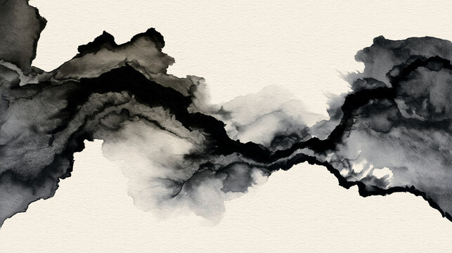 Gros plan abstrait de lavis d'encre monochrome noir et fusain sur papier de coton &eacute;pais textur&eacute;. Des formes organiques fluides et &eacute;l&eacute;gantes s'entrelacent dans une esth&eacute;tique wabi-sabi