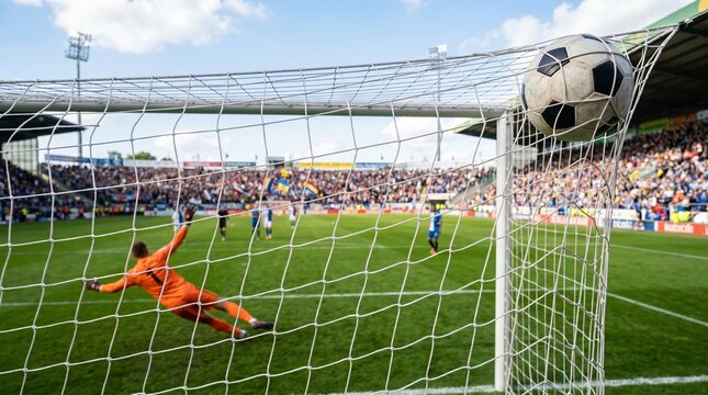 Soccer ball hitting the net during a match, professional football goal action shot, goalkeeper diving on green grass pitch in crowded stadium
