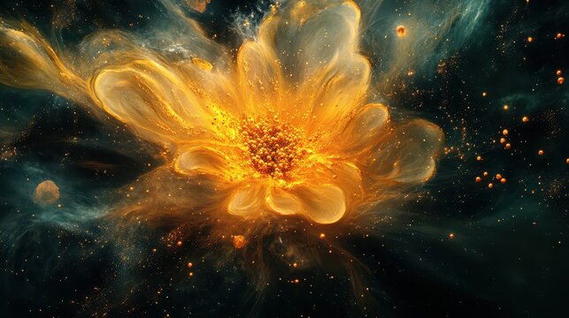 Abstract glowing orange flower blooming in cosmic nebula, digital art