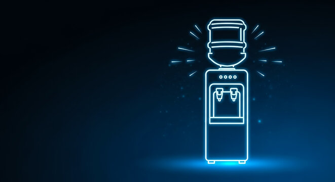 Neon-style digital illustration of a classic soda vending machine emitting bright sparks, glowing in blue light against a dark background.