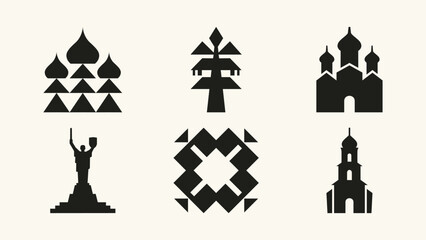 Set of geometric black silhouette icons representing historical architecture landmarks and monuments © thetwelvesense