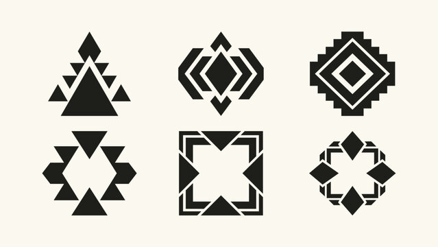 Set of six black geometric tribal logos and ethnic icons for brand identity
