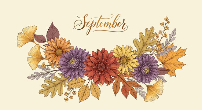 Autumn Floral Arrangement with September Text - Fall Flowers and Leaves