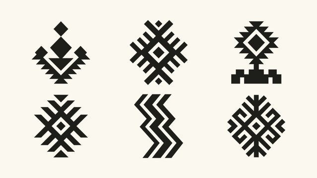 Set of six black traditional ethnic geometric symbols and folk embroidery motifs