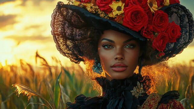 Woman in ornate hat with flowers, outdoor portrait at sunset