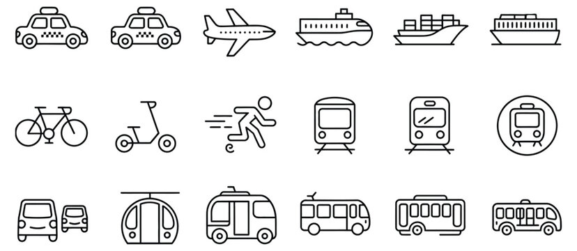Transportation icon set, various modes of transport symbols, cars, bikes, airplanes, ships, public transit vector illustration