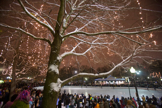 People at an ice rink on new year's eve, Frog Pond, Boston Common