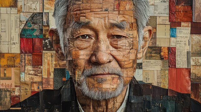 Close-up Portrait of an Elderly Asian Man with a Textured, Mosaic Background