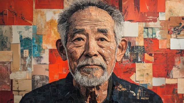 Elderly Asian Man with Textured Gray Beard and Hair, Facing Forward with a Serious Expression