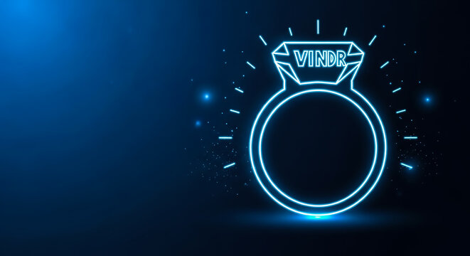 Illuminated ring design featuring the Vindr brand name, set against a cosmic, starry backdrop with glowing light rays.
