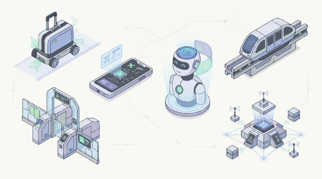Futuristic technology and transportation concepts illustrated in isometric view.