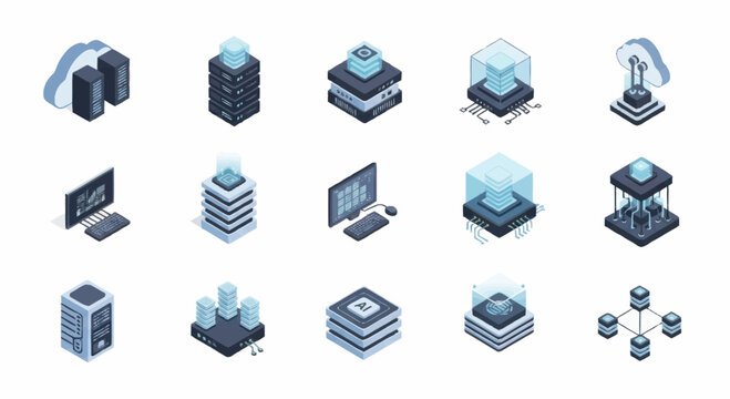 Collection of Isometric Server Racks and Computing Devices.