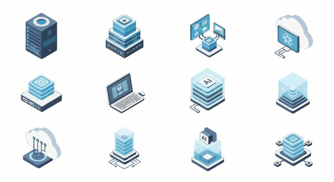 Collection of isometric technology icons representing data servers and computers.